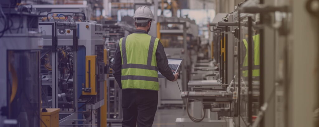 Specjalista w hali przemysłowej przeprowadzający audyt efektywności energetycznej przedsiębiorstwa.
